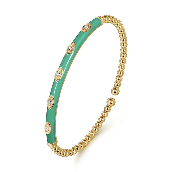 14K Yellow Gold Bujukan Beads and Diamond Split Bangle with Mint Green Enamel - BG4971EHY45JJ-Gabriel & Co.-Renee Taylor Gallery
