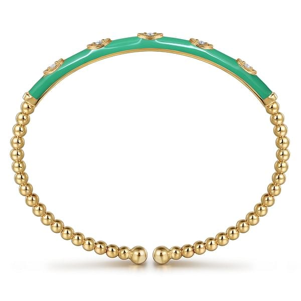 14K Yellow Gold Bujukan Beads and Diamond Split Bangle with Mint Green Enamel - BG4971EHY45JJ-Gabriel & Co.-Renee Taylor Gallery
