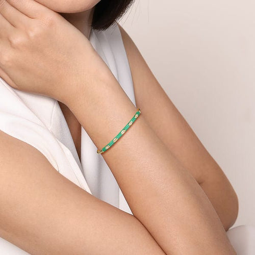 14K Yellow Gold Bujukan Beads and Diamond Split Bangle with Mint Green Enamel - BG4971EHY45JJ-Gabriel & Co.-Renee Taylor Gallery