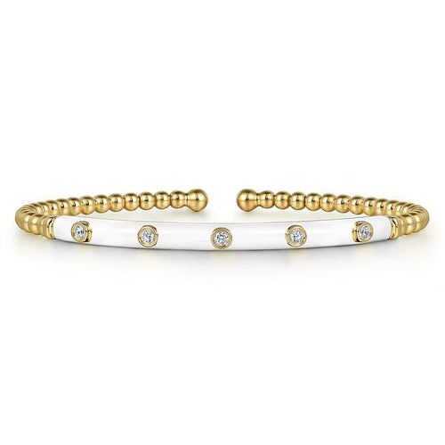 14K Yellow Gold Bujukan Beads and Diamond Split Bangle with White Enamel - BG4970E9Y45JJ.S575-Gabriel & Co.-Renee Taylor Gallery