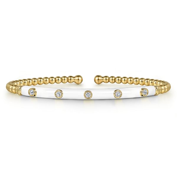 14K Yellow Gold Bujukan Beads and Diamond Split Bangle with White Enamel - BG4970E9Y45JJ.S575-Gabriel & Co.-Renee Taylor Gallery