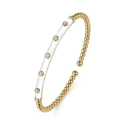 14K Yellow Gold Bujukan Beads and Diamond Split Bangle with White Enamel - BG4970E9Y45JJ.S575-Gabriel & Co.-Renee Taylor Gallery