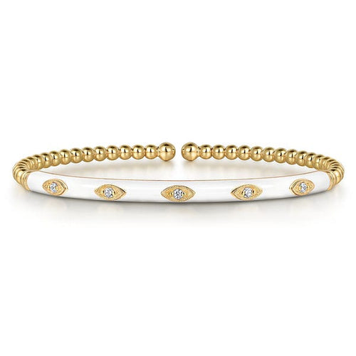 14K Yellow Gold Bujukan Beads and Diamond Split Bangle with White Enamel - BG4971E9Y45JJ-Gabriel & Co.-Renee Taylor Gallery