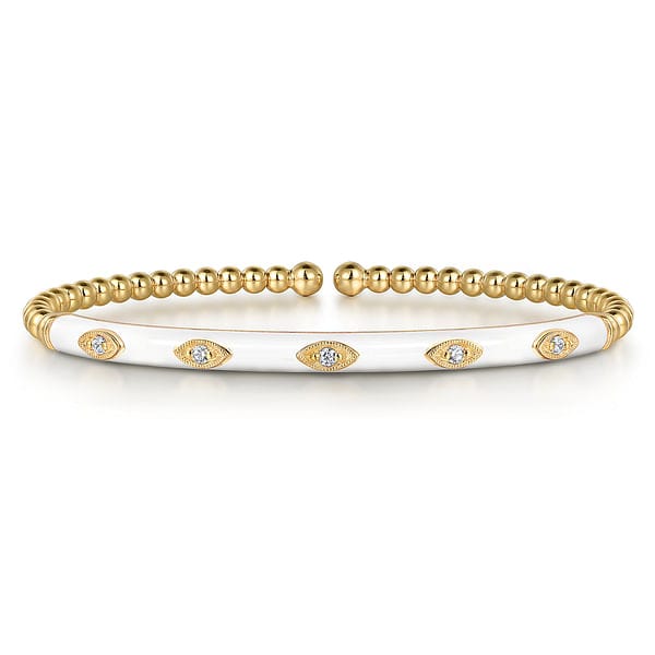 14K Yellow Gold Bujukan Beads and Diamond Split Bangle with White Enamel - BG4971E9Y45JJ-Gabriel & Co.-Renee Taylor Gallery