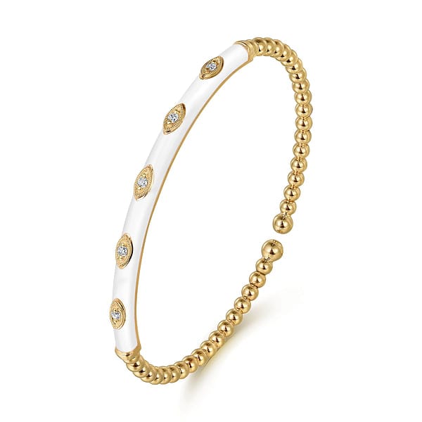 14K Yellow Gold Bujukan Beads and Diamond Split Bangle with White Enamel - BG4971E9Y45JJ-Gabriel & Co.-Renee Taylor Gallery