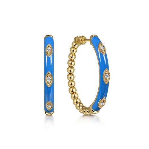 14K Yellow Gold Bujukan Beads and Diamond Split Classic Hoop with Blue Enamel – EG15180ECY45JJ-Gabriel & Co.-Renee Taylor Gallery
