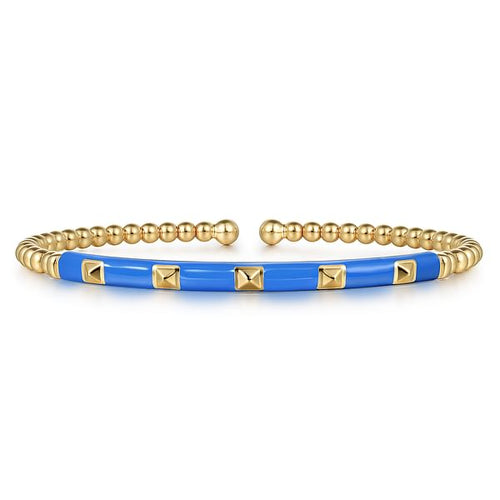 14K Yellow Gold Bujukan Beads and Pyramid Split Bangle with Blue Enamel - BG4969ECY4JJJ.S575-Gabriel & Co.-Renee Taylor Gallery