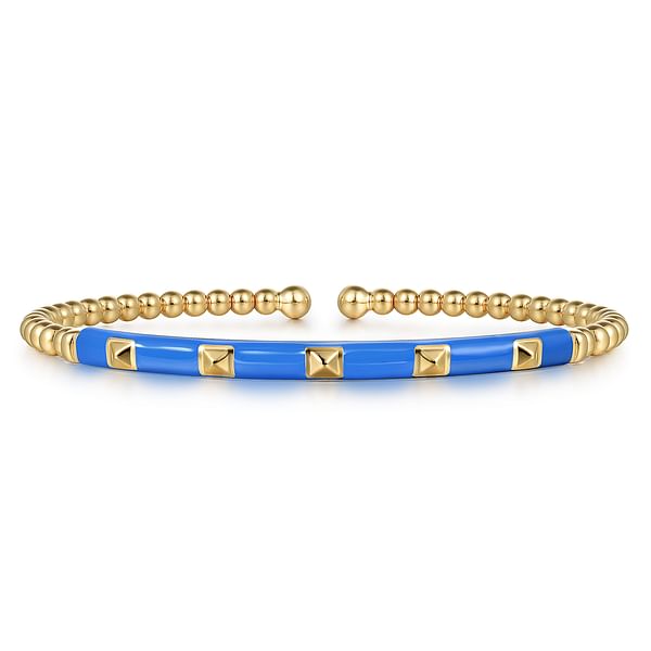 14K Yellow Gold Bujukan Beads and Pyramid Split Bangle with Blue Enamel - BG4969ECY4JJJ.S575-Gabriel & Co.-Renee Taylor Gallery