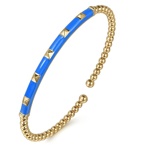 14K Yellow Gold Bujukan Beads and Pyramid Split Bangle with Blue Enamel - BG4969ECY4JJJ.S575-Gabriel & Co.-Renee Taylor Gallery