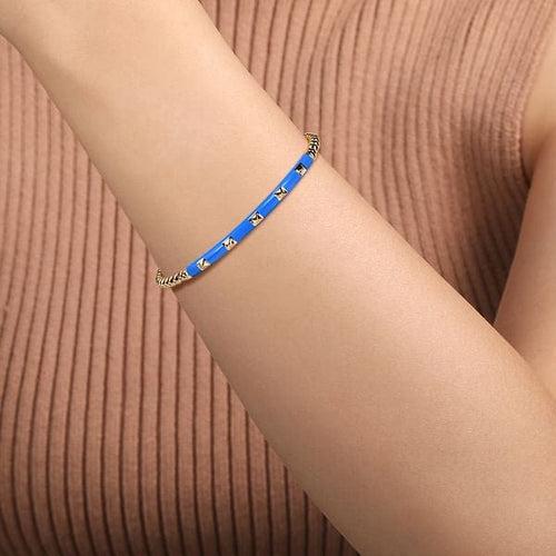 14K Yellow Gold Bujukan Beads and Pyramid Split Bangle with Blue Enamel - BG4969ECY4JJJ.S575-Gabriel & Co.-Renee Taylor Gallery