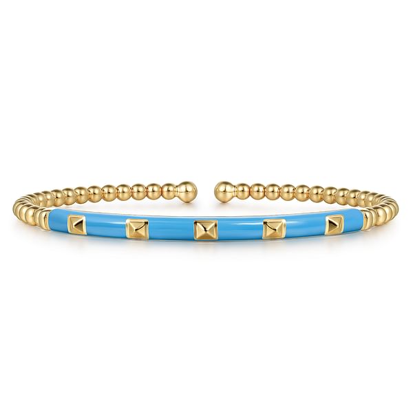 14K Yellow Gold Bujukan Beads and Pyramid Split Bangle with Dusk Blue Enamel - BG4969E5Y4JJJ.S575-Gabriel & Co.-Renee Taylor Gallery