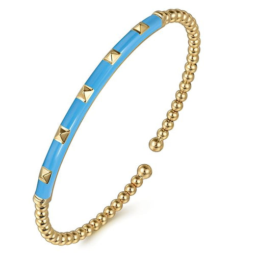 14K Yellow Gold Bujukan Beads and Pyramid Split Bangle with Dusk Blue Enamel - BG4969E5Y4JJJ.S575-Gabriel & Co.-Renee Taylor Gallery