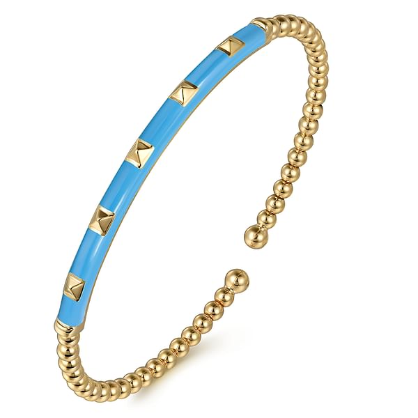 14K Yellow Gold Bujukan Beads and Pyramid Split Bangle with Dusk Blue Enamel - BG4969E5Y4JJJ.S575-Gabriel & Co.-Renee Taylor Gallery