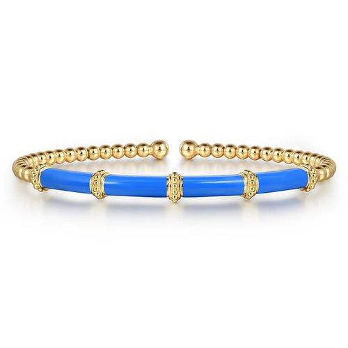 14K Yellow Gold Bujukan and Bar Split Bangle with Blue Enamel - BG4972ECY4JJJ-Gabriel & Co.-Renee Taylor Gallery