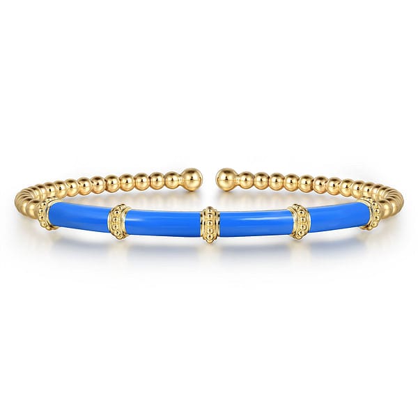 14K Yellow Gold Bujukan and Bar Split Bangle with Blue Enamel - BG4972ECY4JJJ-Gabriel & Co.-Renee Taylor Gallery