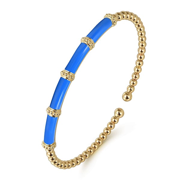 14K Yellow Gold Bujukan and Bar Split Bangle with Blue Enamel - BG4972ECY4JJJ-Gabriel & Co.-Renee Taylor Gallery