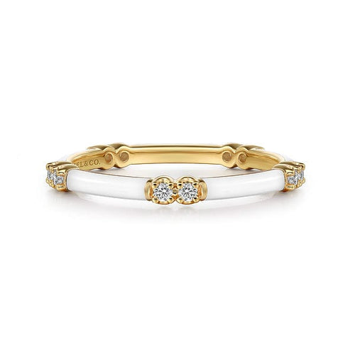14K Yellow Gold Diamond Station Stackable RIng with White Enamel - LR52659E9Y45JJ-Gabriel & Co.-Renee Taylor Gallery