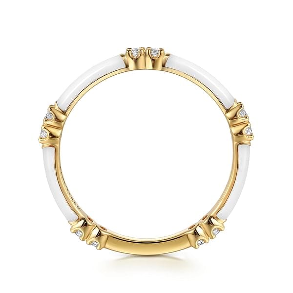 14K Yellow Gold Diamond Station Stackable RIng with White Enamel - LR52659E9Y45JJ-Gabriel & Co.-Renee Taylor Gallery