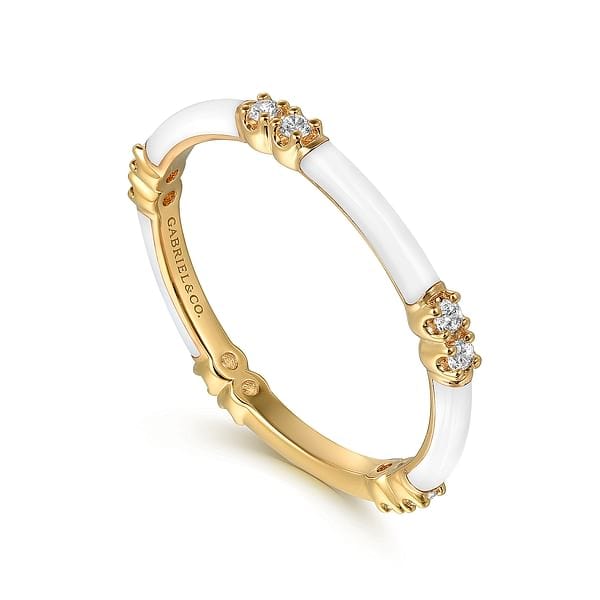 14K Yellow Gold Diamond Station Stackable RIng with White Enamel - LR52659E9Y45JJ-Gabriel & Co.-Renee Taylor Gallery