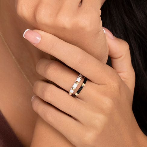 14K Yellow Gold Pyramid Stackable Ring with White Enamel - LR52654E9Y4JJJ-Gabriel & Co.-Renee Taylor Gallery