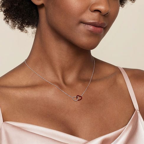 925 Sterling Silver Bujukan Double Heart Pendant Necklace with Chrome Red Enamel - NK7921EOSVJJJ-Gabriel & Co.-Renee Taylor Gallery