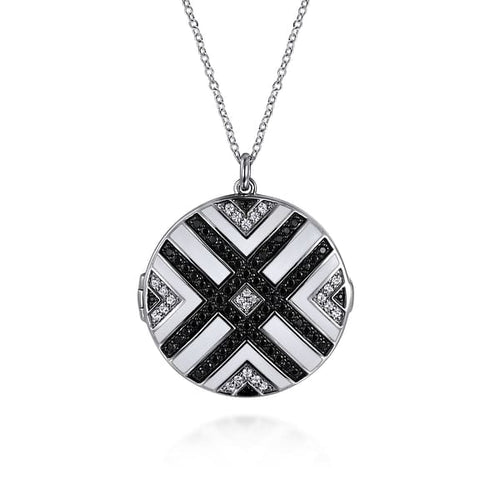 925 Sterling Silver White Sapphire and Black Spinel with White Enamel Locket - NK7476-24SVJMC-Gabriel & Co.-Renee Taylor Gallery