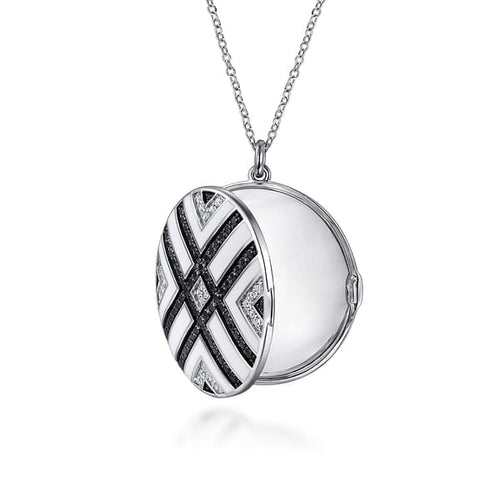 925 Sterling Silver White Sapphire and Black Spinel with White Enamel Locket - NK7476-24SVJMC-Gabriel & Co.-Renee Taylor Gallery