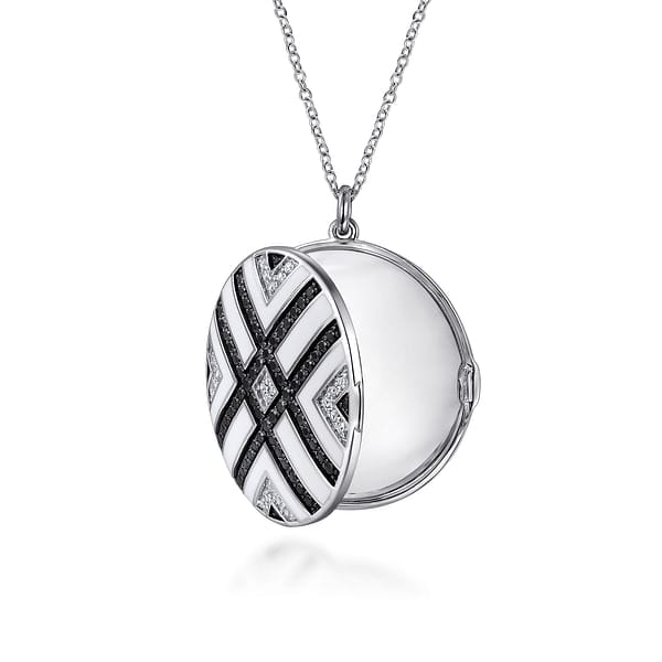 925 Sterling Silver White Sapphire and Black Spinel with White Enamel Locket - NK7476-24SVJMC-Gabriel & Co.-Renee Taylor Gallery