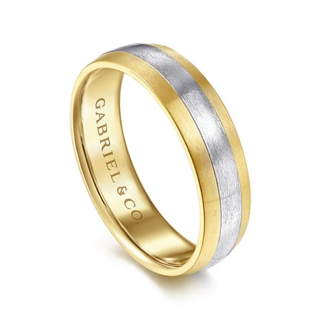 14K White-Yellow Gold 6mm - Two Tone Men's Wedding Band in Satin Finish - MBM0131-60M4JJJ-Gabriel & Co.-Renee Taylor Gallery