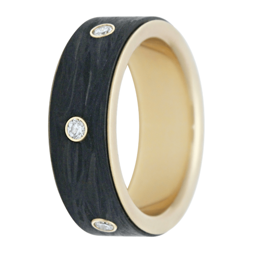 7mm Forged Carbon Fiber Flat Spinner Ring with 14K Yellow Gold Wrap-Around Sleeve and Lab-Grown White Diamonds – K8FCF101-SP:Y-WP/D-6-Heavy Stone-Renee Taylor Gallery