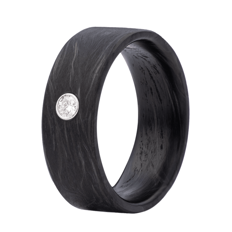 8mm Forged Carbon Fiber Flat Ring with Lab-Grown White Diamond in 14K White Gold Bezel – K8FCF101:D-1-Heavy Stone-Renee Taylor Gallery