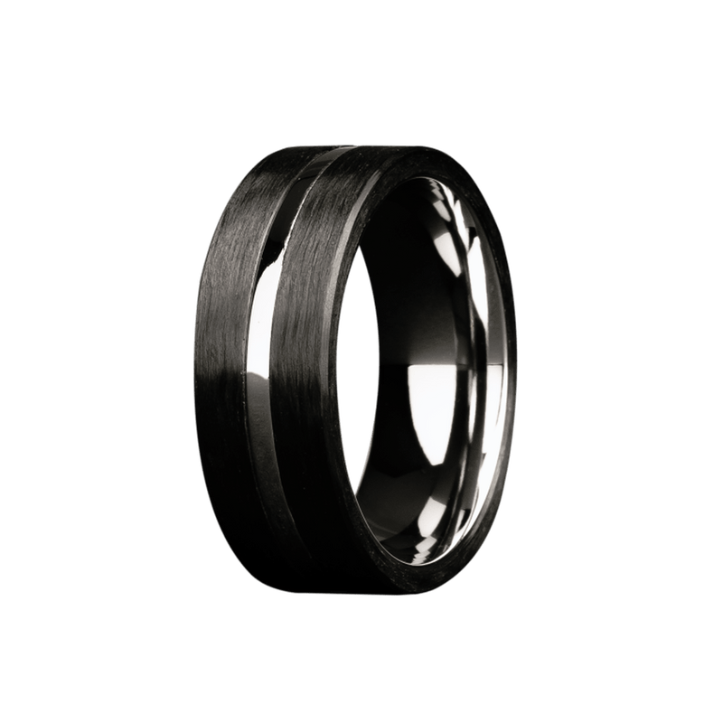 8mm Cobalt High-Polish Flat Ring with Carbon Fiber Stripe Overlays – K8C188:CF3-X2-Heavy Stone-Renee Taylor Gallery