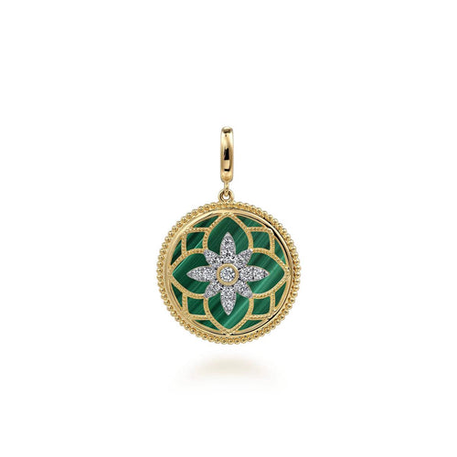 14K Yellow Gold Bujukan Diamond and Malachite Medallion Pendant in size 24mm With Detachable Bail Bujukan Collection - PT6614Y45MA-Gabriel & Co.-Renee Taylor Gallery