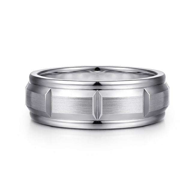 14K White Gold 8mm - Carved Station Men's Wedding Band in Satin Finish - MBH0224-80W4JJJ-Gabriel & Co.-Renee Taylor Gallery