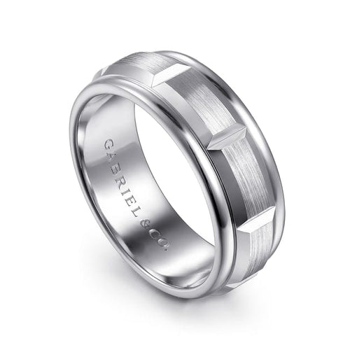 14K White Gold 8mm - Carved Station Men's Wedding Band in Satin Finish - MBH0224-80W4JJJ-Gabriel & Co.-Renee Taylor Gallery