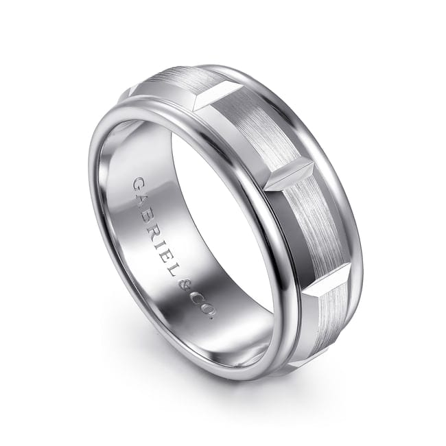 14K White Gold 8mm - Carved Station Men's Wedding Band in Satin Finish - MBH0224-80W4JJJ-Gabriel & Co.-Renee Taylor Gallery