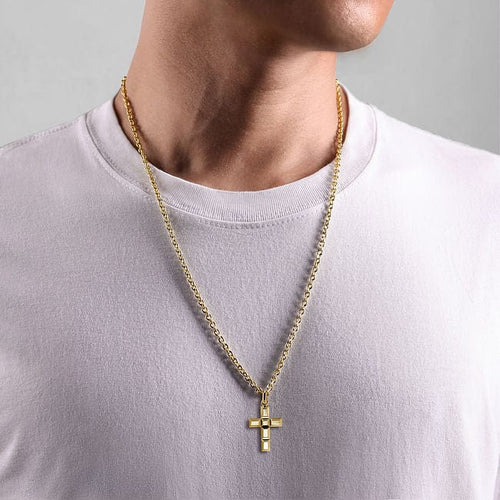 14K Yellow Gold Rectangular Station Cross Pendant - PCM6540Y4JJJ-Gabriel & Co.-Renee Taylor Gallery