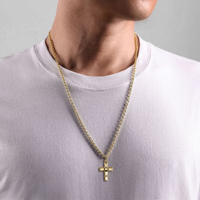 14K Yellow Gold Rectangular Station Cross Pendant - PCM6540Y4JJJ-Gabriel & Co.-Renee Taylor Gallery