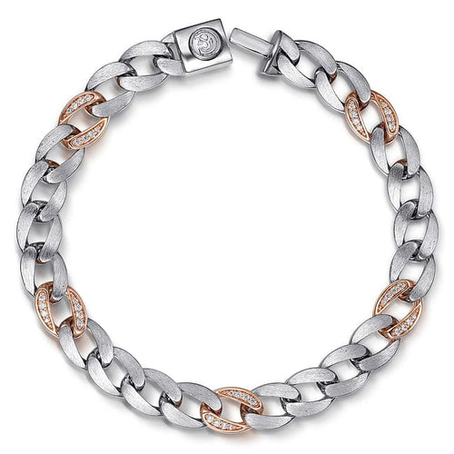 925 Sterling Silver with 14K Rose Gold Diamond Cuban Link Chain Mens Bracelet - TBM2125MJ5JJ-Gabriel & Co.-Renee Taylor Gallery