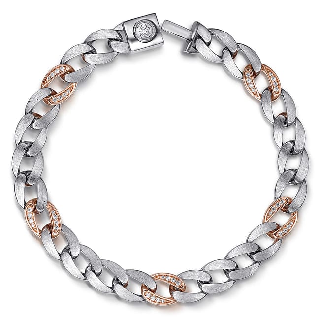 925 Sterling Silver with 14K Rose Gold Diamond Cuban Link Chain Mens Bracelet - TBM2125MJ5JJ-Gabriel & Co.-Renee Taylor Gallery