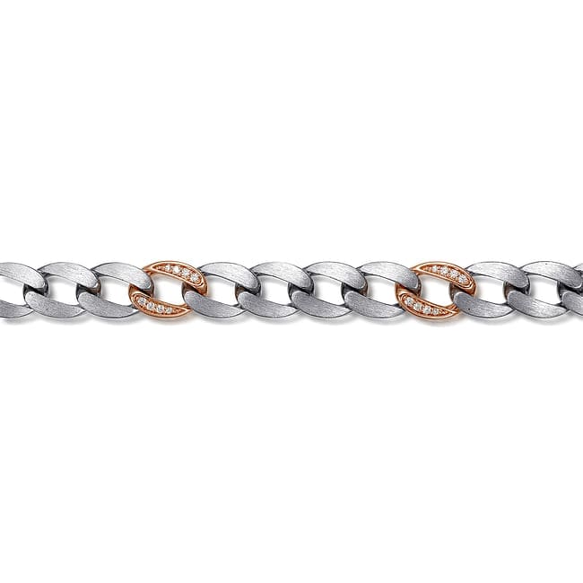 925 Sterling Silver with 14K Rose Gold Diamond Cuban Link Chain Mens Bracelet - TBM2125MJ5JJ-Gabriel & Co.-Renee Taylor Gallery