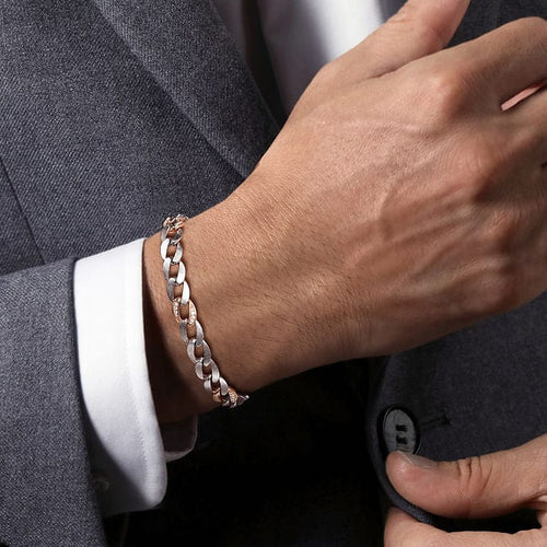 925 Sterling Silver with 14K Rose Gold Diamond Cuban Link Chain Mens Bracelet - TBM2125MJ5JJ-Gabriel & Co.-Renee Taylor Gallery