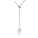 Layered Y Necklace 14K Yellow Gold Diamond and Pearl - NK5963Y45PL-Gabriel & Co.-Renee Taylor Gallery