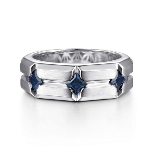 Wide Band Stations in Horizontal Brush Finish 925 Sterling Silver Sapphire - MR52074SVJSB-Gabriel & Co.-Renee Taylor Gallery