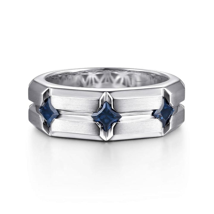 Wide Band Stations in Horizontal Brush Finish 925 Sterling Silver Sapphire - MR52074SVJSB-Gabriel & Co.-Renee Taylor Gallery