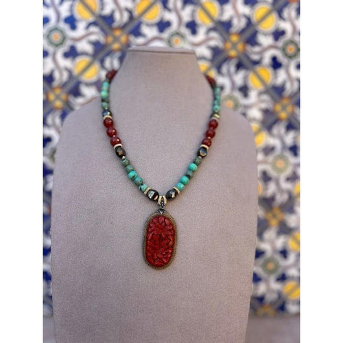 Antique Carved Coral, Carnelian, Chrysocolla Necklace-Carol Kahn-Renee Taylor Gallery