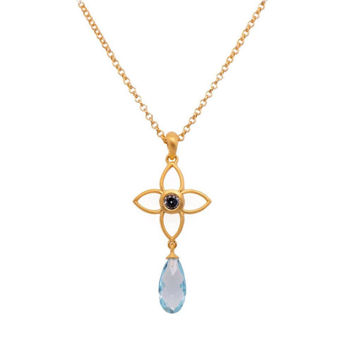 20mm Joy Flower Pendant with Swiss Blue Topaz Drop in 24K Gold Vermeil - JOYP2DFTSB-Joyla-Renee Taylor Gallery