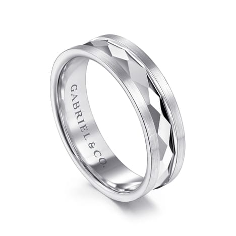 14K White Gold 6mm - Diamond Cut Men's Wedding Band in Satin Finish - MBM0158-60W4JJJ-Gabriel & Co.-Renee Taylor Gallery