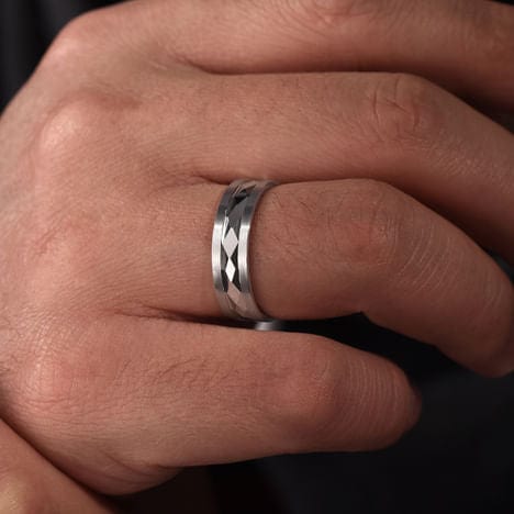 14K White Gold 6mm - Diamond Cut Men's Wedding Band in Satin Finish - MBM0158-60W4JJJ-Gabriel & Co.-Renee Taylor Gallery
