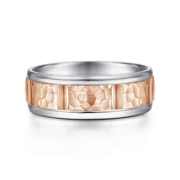 14K White-Rose Gold 7mm - Hammered Station Men's Wedding Band - MBM0116-70T4JJJ-Gabriel & Co.-Renee Taylor Gallery